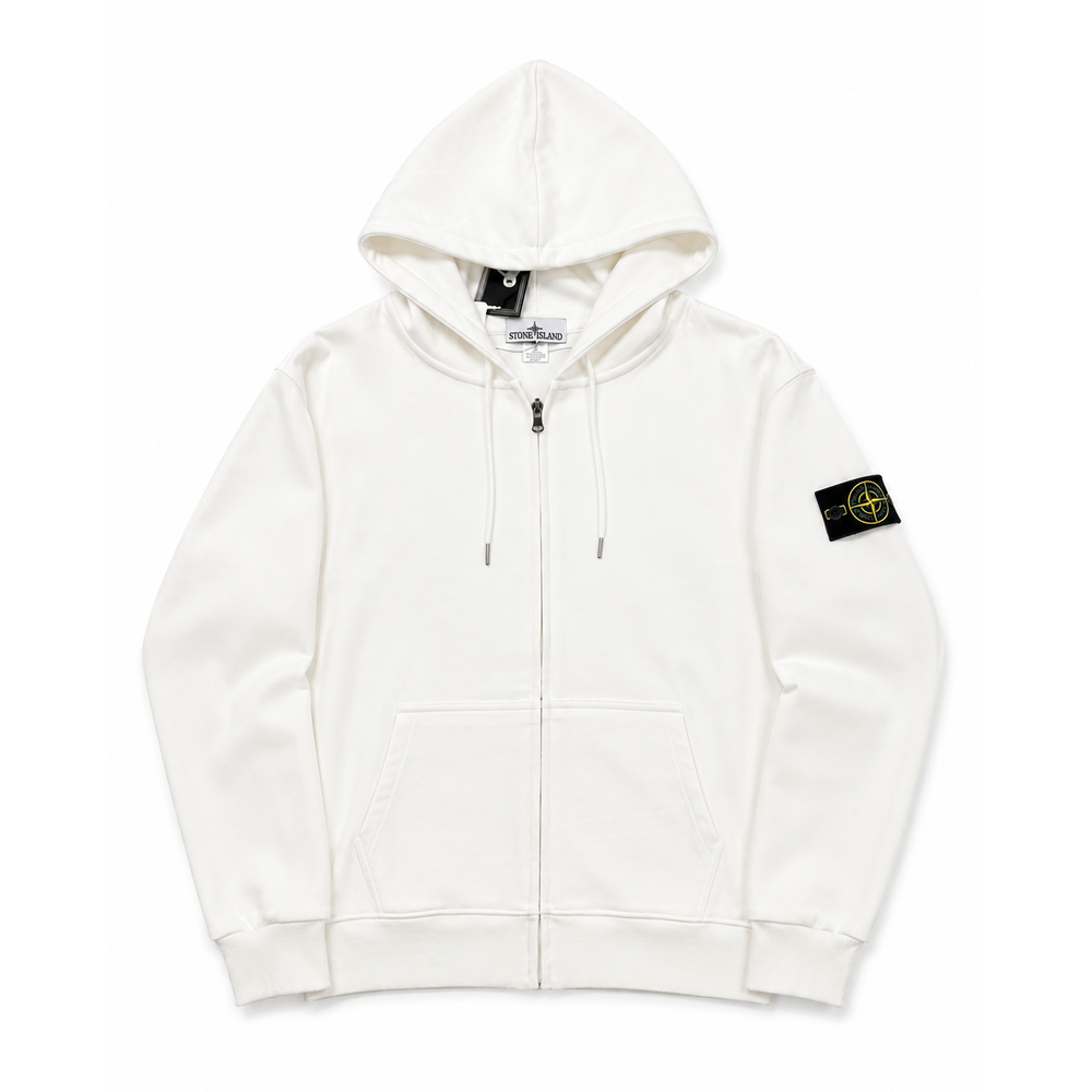 Stone Island 6100061 Organic Cotton Fleece – Felpa con Cappuccio e Zip Bianca